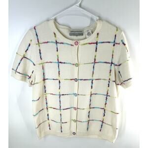 Alfred Dunner Cardigan Sweater Women Petite Medium Knit Short Sleeve Grandma New